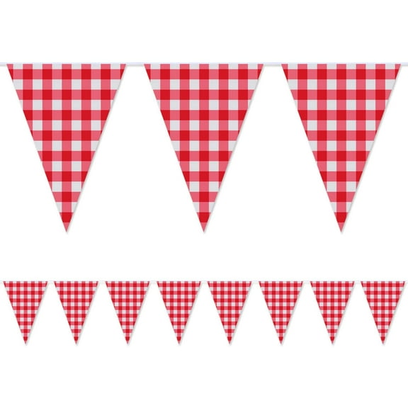 WSNIJFU 98.4 Feet Large Plastic Red and White Checkered Pennant Banner Gingham Triangle Banner Red and White Banner for Picnic BBQ Birthday Christmas Party Decoration Supplies