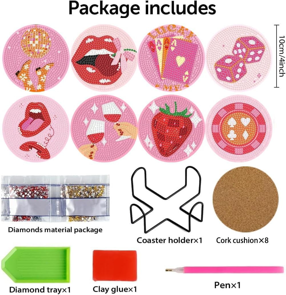 Pink Vintage Diamond Paintings Coasters Kits Set,8 Pieces Retro Funny Drinks Diamond Art Painting Coasters Kit with Holder,5D DIY Full Drill Diamonds Dot for Beginners Gift