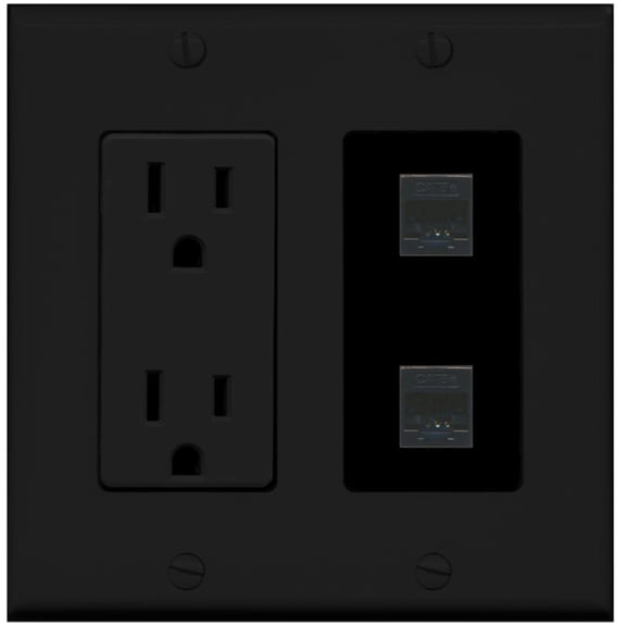 Ultra Spec Cables 2 Port Cat5e Ethernet F-F Wall Plate w/Power Outlet Black