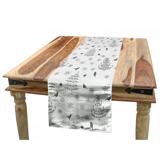 Christmas Table Runner, Pattern of Winter Time Trees Snowflakes and Birds Snowy New Year, Dining Room Kitchen Rectangular Runner, 3 Sizes, by Ambesonne
