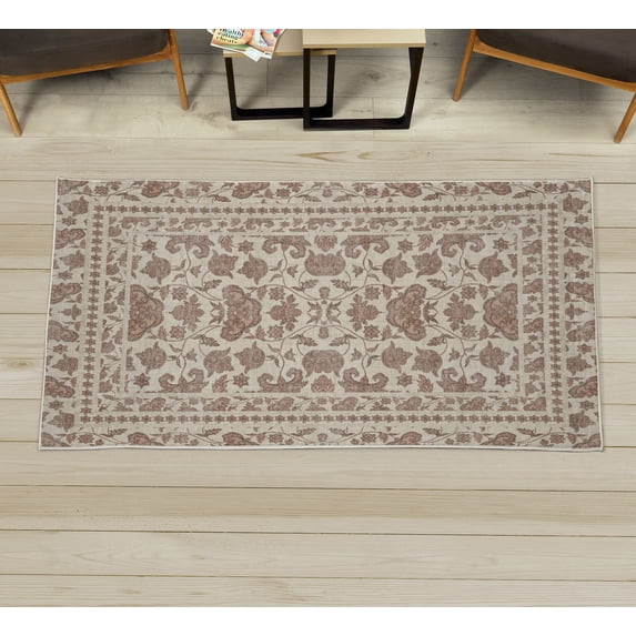 Folk Art Decorative Rug, Bohemian Eastern Culture Ornament in Summer Tones Abstract Flourish, Quality Carpet for Bedroom Dorm and Living Room, 6 Sizes, Warm Taupe, by Ambesonne