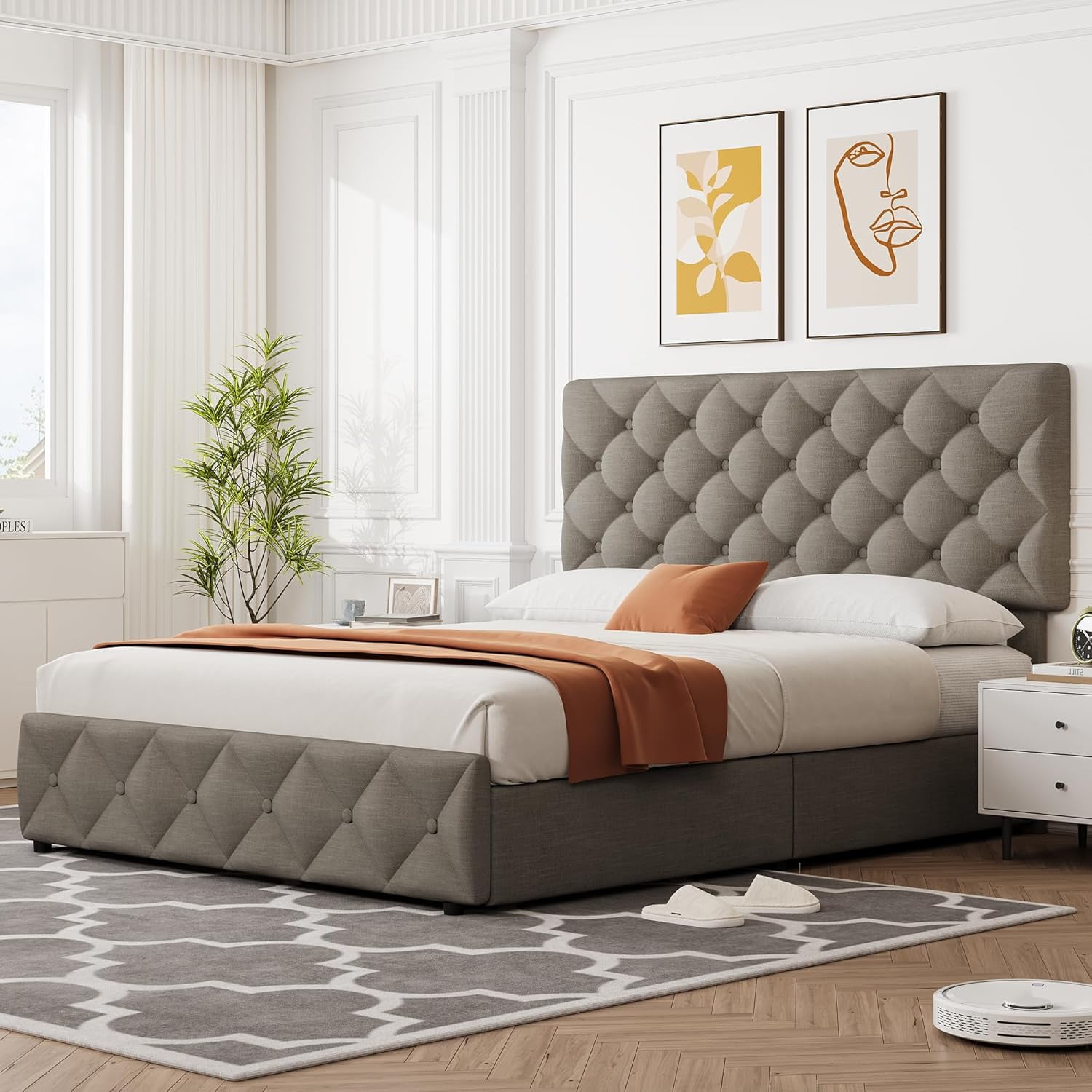 GARVEE Queen Size Bed Frame, with 4 Storage Drawers & Adjustable Headboard, Light Gray