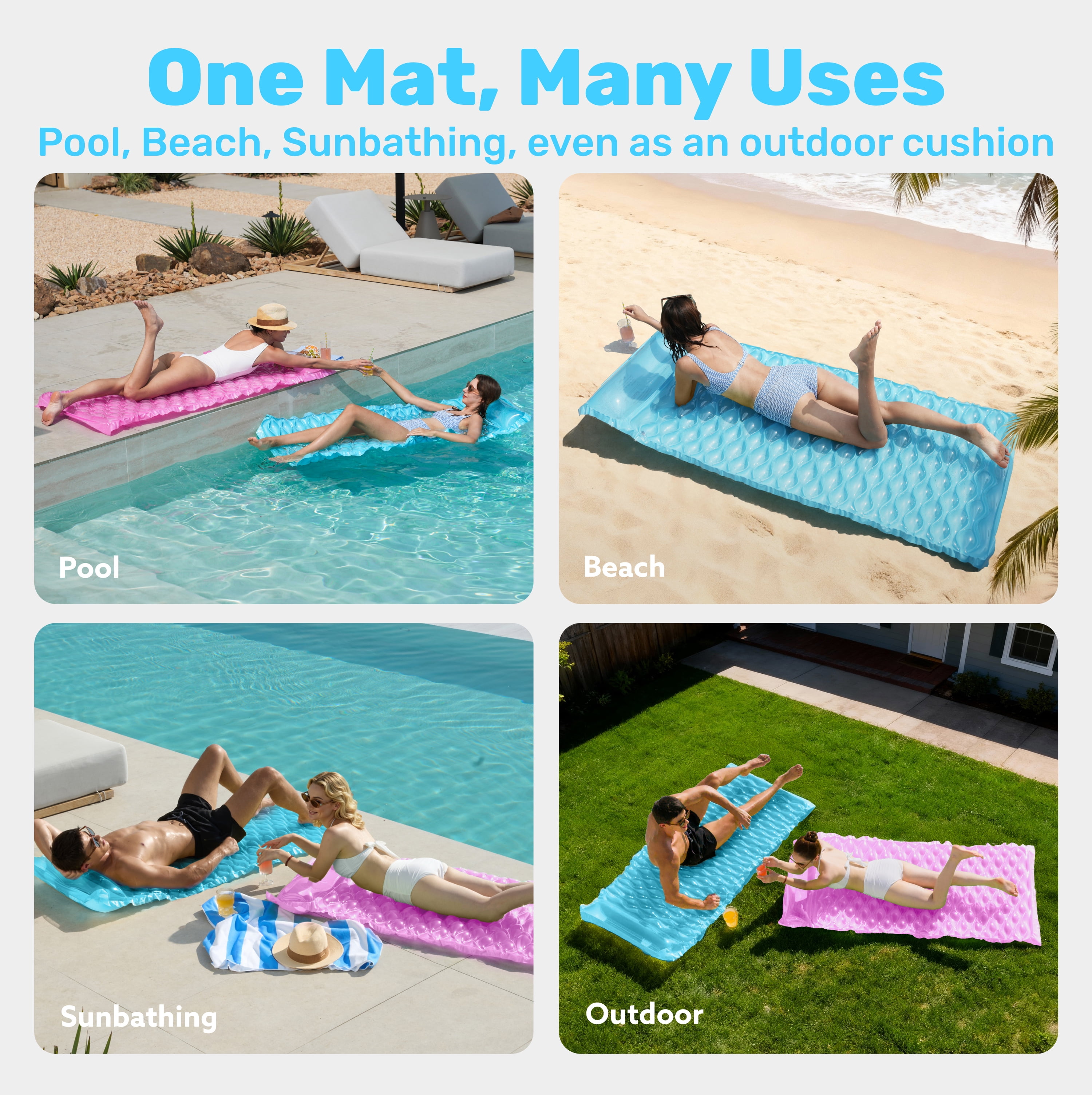 Joyfy 2 Packs Inflatable Pool Floats Raft, Pool Lounge for Adults, 64x32 inch Swimming Mat Pool Mattress with Headrest, Float Air Mat Pool Raft for Summer Water Beach Fun