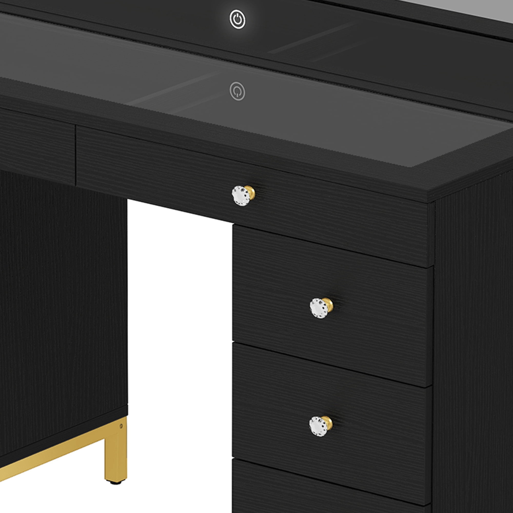 Uforic Makeup Vanity Desk with Glass Top, Lights (14 LED Bulbs), Charging Station,Makeup Dressing Table Set with Stool & 8 Drawers - Black