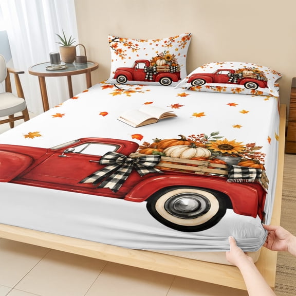 Queen Size Fitted Sheet Set - Thanksgiving Truck 3 Piece Bedding Sets 16" Deep Pocket Fitted Sheet with 2 Pillowcases, Fall Maple Leaves Pumpkins Floral Autum Brushed Microfiber Hotel Bed Sheets