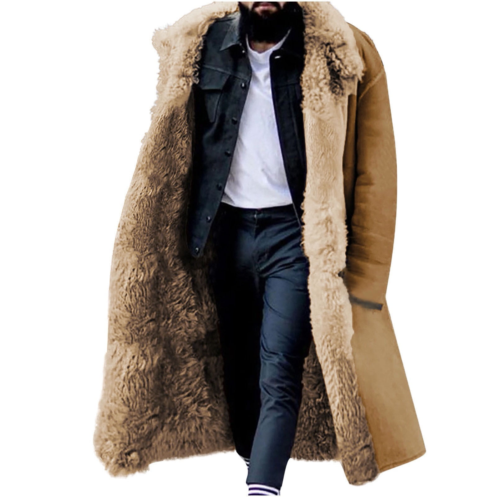 Jinhomg Sherpa Lined Long Jacket Men Faux Leather Shearling Jacket Fur Collar Trench Coats Windproof Winter Fleece Coat with Pocket Khaki,L
