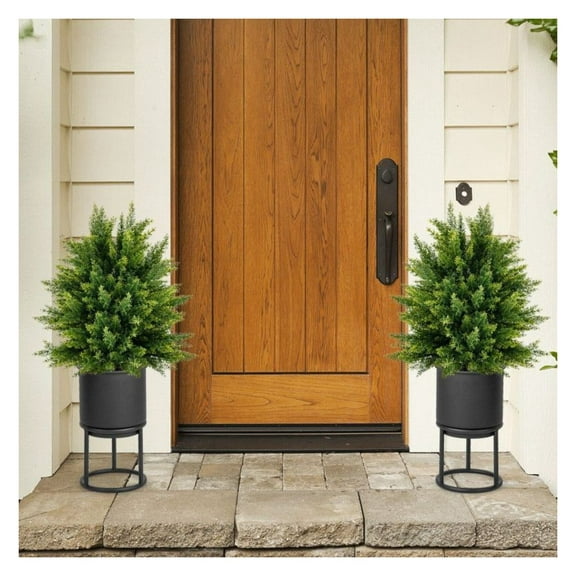 Artificial Cedar Topiary Balls (2-Pack) with Pots - 21.5" Outdoor Indoor Plants - Green Faux Cedar Trees for Home, Balcony, Office Decor