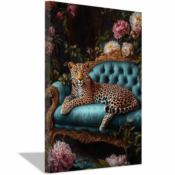 Mudket Framed Leopard on Blue Sofa Canvas Wall Art, Floral Leopard Print, Vintage Animal Wall Decor for Living Room Bedroom - 12"L x 8"W
