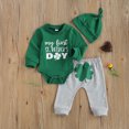 thumbnail image 2 of My First St. Patrick's Day Outfits Baby Boy Long Sleeve Romper Tops +Clover Print Pants +Hats Sets Spring Clothes, 2 of 7