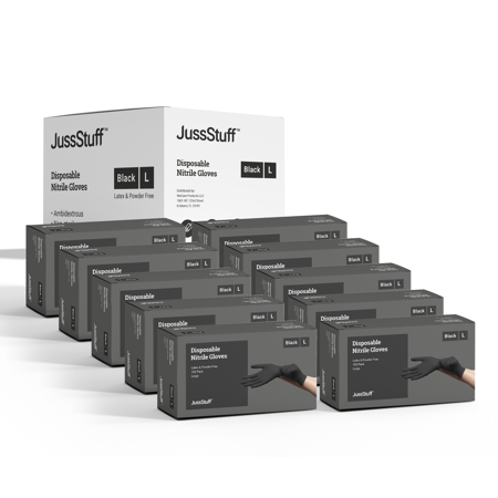 JussStuff Nitrile Gloves  Exam Gloves - Black - 10 Boxes of 100 Gloves (1000 Total) (Large)