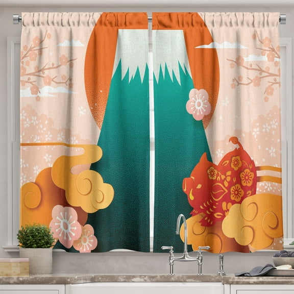 Ambesonne Japanese Kitchen Curtains, Folkloric Items Doodle, 55"x39", Multicolor