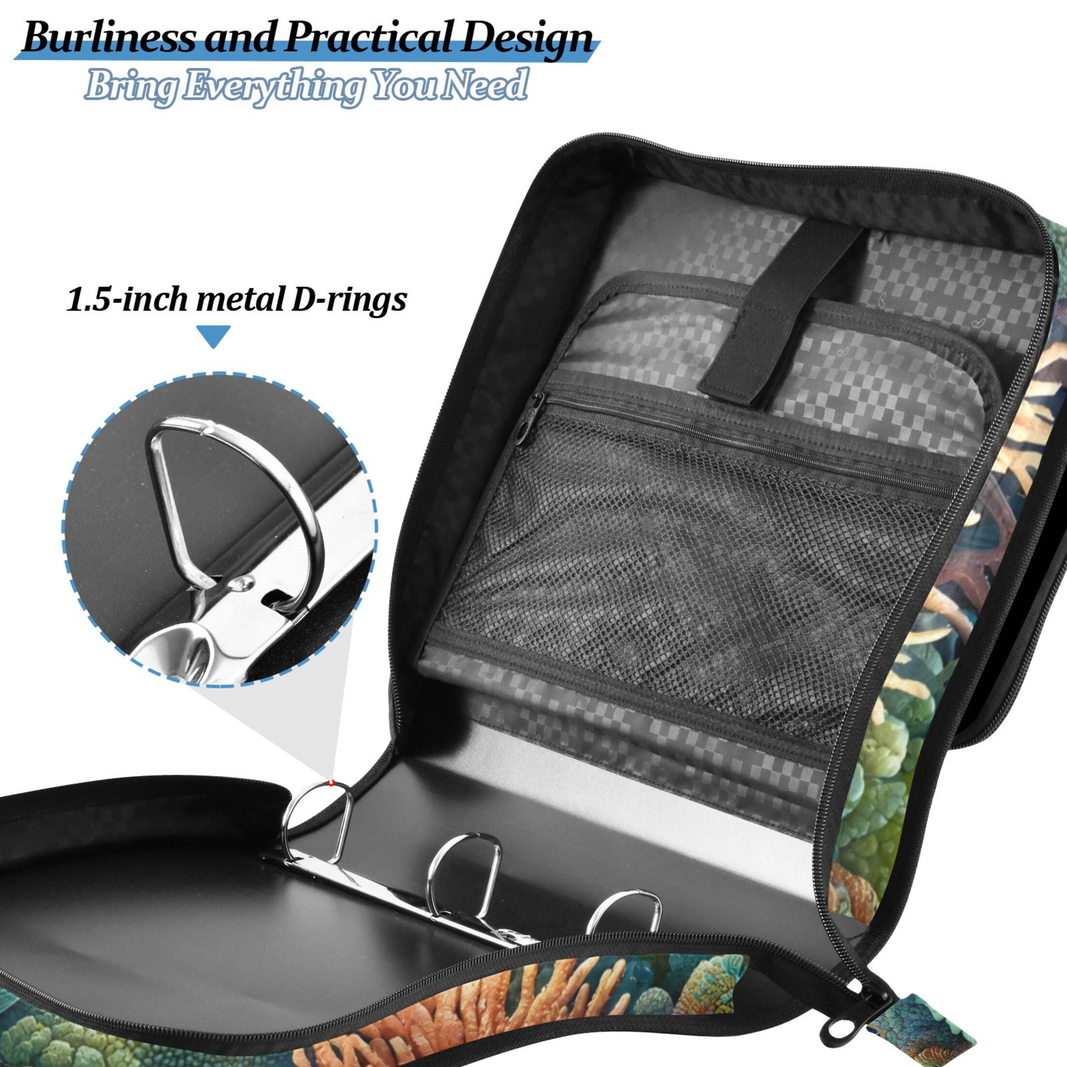 3 Ring Zipper Binder with Shoulder Strap Waterproof Trapper Keeper 2 Inch D-Ring 500 Sheets Capacity Turtle Plants Coral