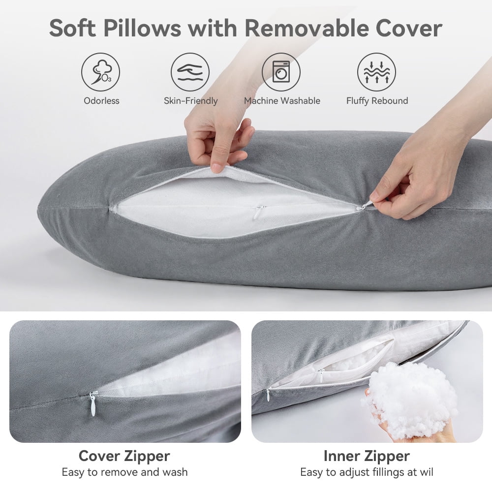 Pregnancy Pillow, Caveen Full Body Maternity Pillow for Side Sleeping, with Adjustable Wedge Pillow and Velvet Cover, Washable, Grey