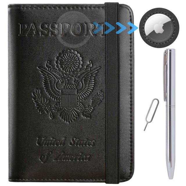 Funda Airtag para pasaporte, cartera, elementos esenciales de viaje, funda de piel con bloqueo RFID para tarjetas, accesorios de viaje imprescindibles para mujeres y hombres (119 #Black)