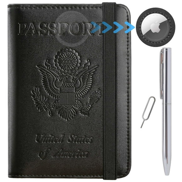 Funda Airtag para pasaporte, cartera, elementos esenciales de viaje, funda de piel con bloqueo RFID para tarjetas, accesorios de viaje imprescindibles para mujeres y hombres (119 #Black)