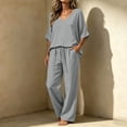 thumbnail image 2 of Zynoxe Linen Sets for Women Two Piece Summer Ruched V-neck Top Wide Leg Pants with Pockets Fashion Lounge Vacation Beach OutfitsGray2XL, 2 of 7