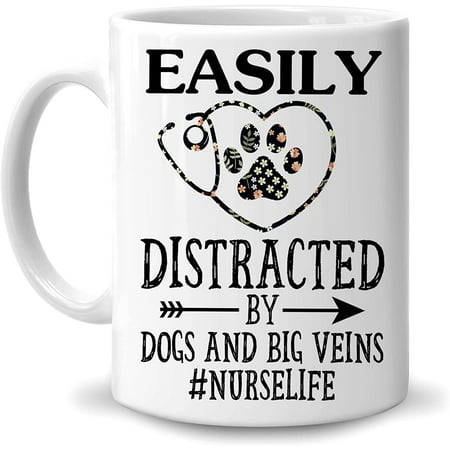 

Gifts For Nurse - Birthday Christmas - Easily Distracted By Dogs & Big Veins Floral Stethoscope 11oz White Ceramic Coffee Tea Mug for Men Women ER Nurse Practitioner Healthcare Worker