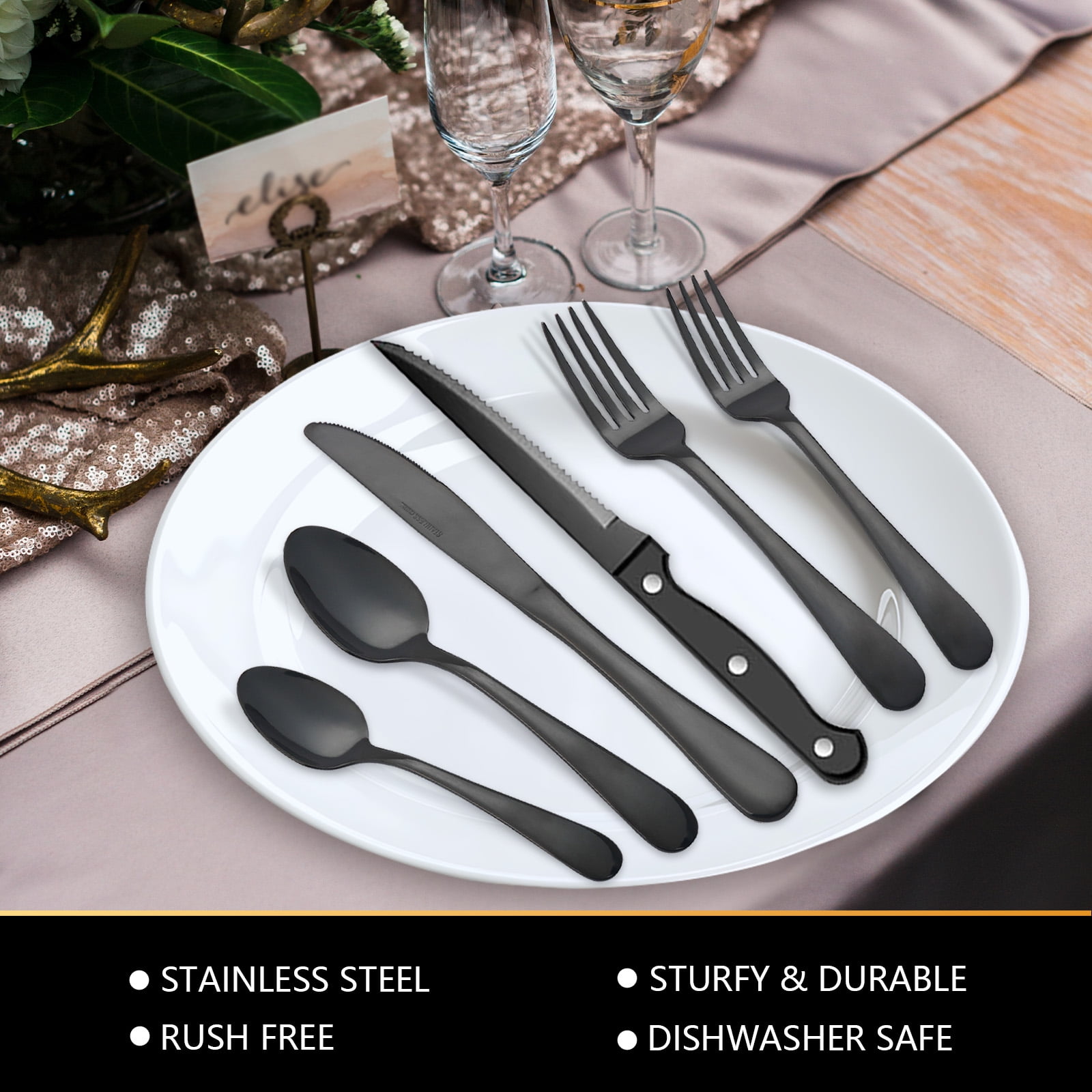 Koomade 48 Pieces Flatware Set For 8, with Steak Knives, Stainless Steel Cutlery Set, Tableware Utensils for Home Kitchen Restaurant Hotel, Dishwasher Safe, Black