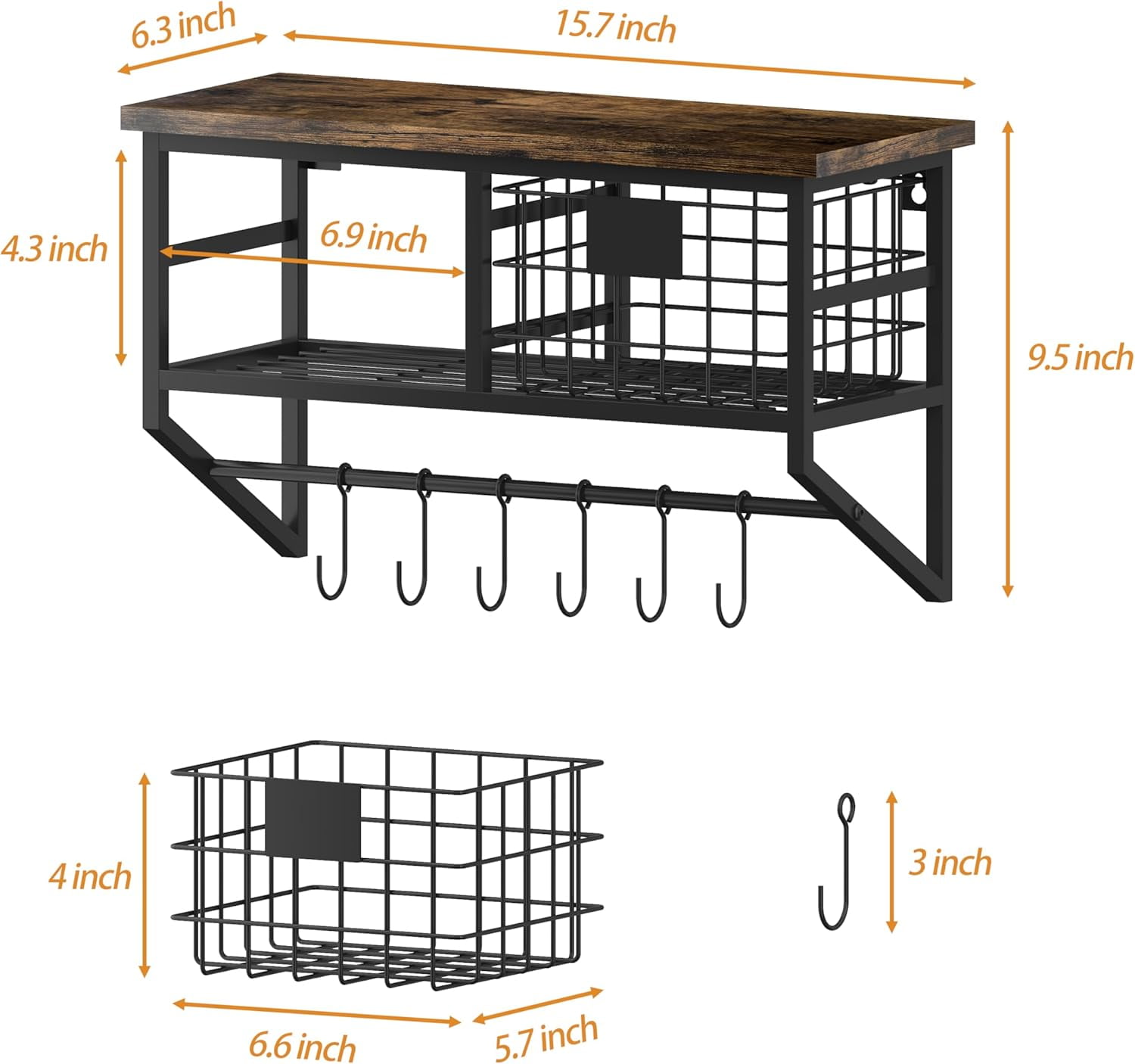 Industrial Wall Mounted Metal Wood Floating Shelves with Baskets Hooks Hanging Display Shelf Sundries Holder for Coffee Bar Kitchen Bathroom Organization and Home Decor, Black (16inch, 2 Sets)