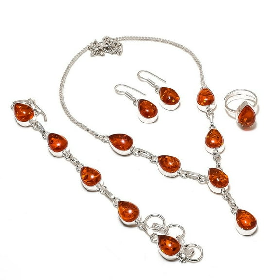 Baltic Amber Pear Shape Gemstone Jewelry Set Adjustable Chain Gift Necklace Set