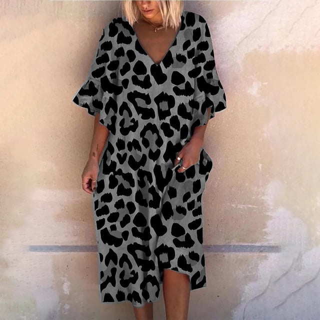 SMihono Robes Bohèmes d'Été pour Femmes Grande Taille Robe Décontractée à Imprimé Léopard pour Dames Robe à Manches Courtes Ample à Col en V