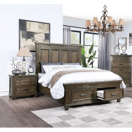 California King Size Bed And 2x Nightstands 3pc Set Bedroom Furniture Storage Footboard Unique Design High HB Antique Finish
