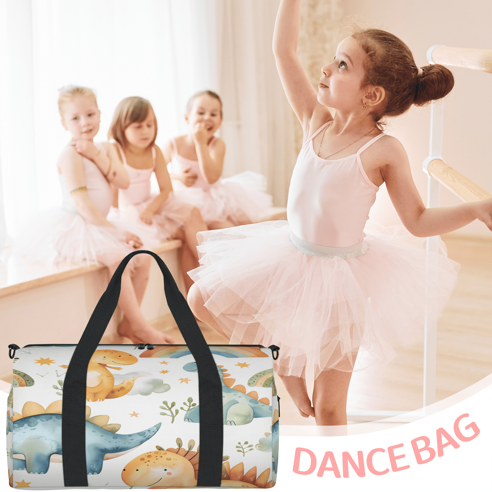 Herdesigns Rainbow Dinosaur Gym Bag for Women, Duffle Bag for Travel Sport, Lightweight Waterproof Carry on Weekender Overnight Dance Yoga Workout Bags