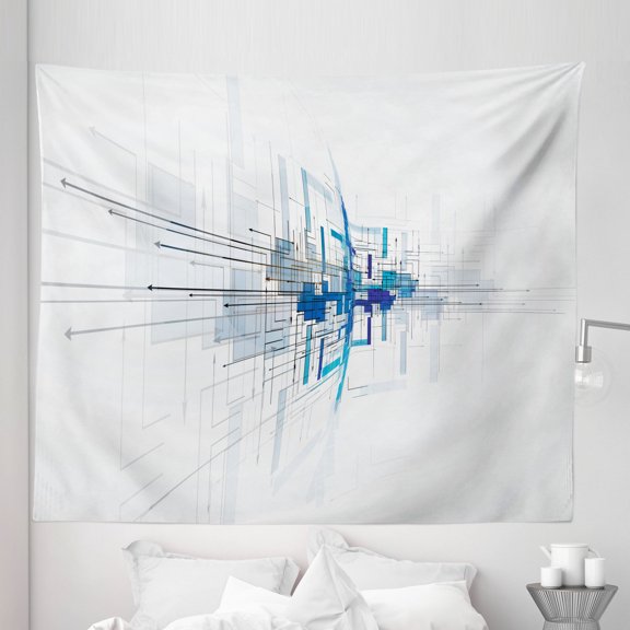 Abstract Tapestry, Technology Concept Arrows and Rectangle Shapes Creative Art Print, Fabric Wall Hanging Decor for Bedroom Living Room Dorm, 5 Sizes, Pale Grey and Cobalt Blue, by Ambesonne