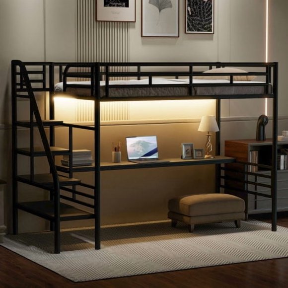 Taoruifang Lit Mezzanine Métallique Double avec Bureau et Lumières DEL, Cadre de Lit Mezzanine d'Étude Noir Gain de Place avec Poste de Travail Intégré, Aucun Sommier Requis