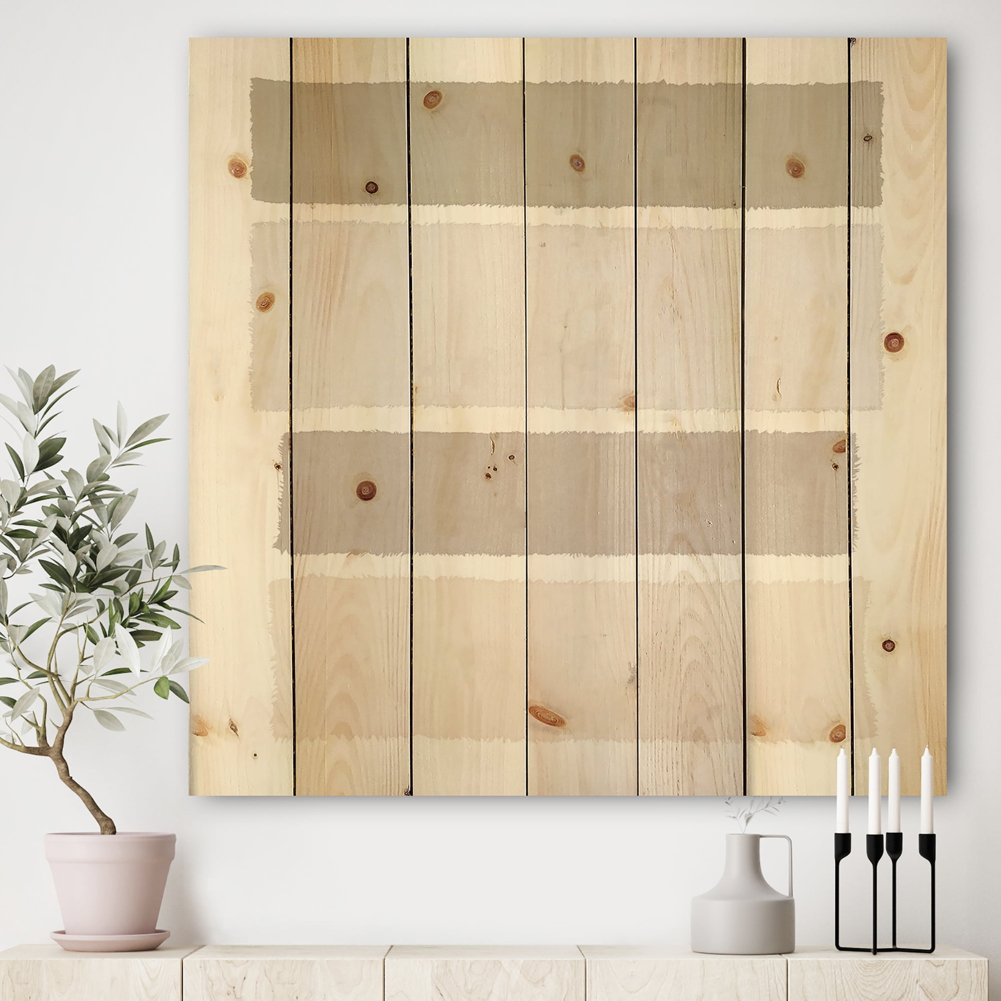 Designart 'Painted Weaving I Neutral on White Sq' Modern Geometric Print on Natural Pine Wood