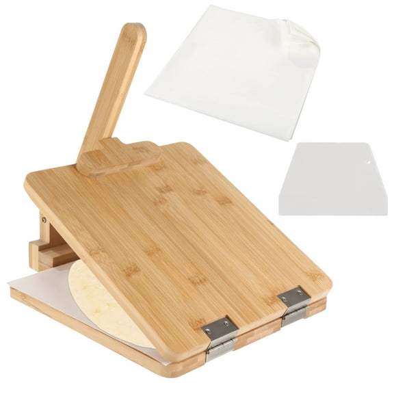 Wooden Tortilla Press, 10 in Mexican Tortilla Presser with Scraper & Papers, Natural Healthy Maker, Quick Shaping, Engraved with 4.5/6.5/8/10 in Scales, Easy to Use