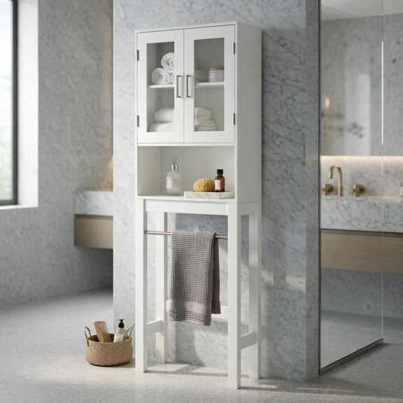 Hommoo Over the Toilet Storage Cabinet with Adjustable Shelves, Bathroom Space Saver Cabinet for Small Bathrooms, Laundry Room & Powder Rooms, White