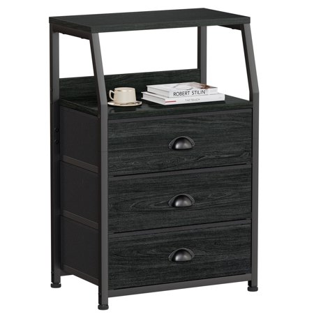 Furnulem 3-Drawer Nightstand, Fabric Dresser, Black Oak