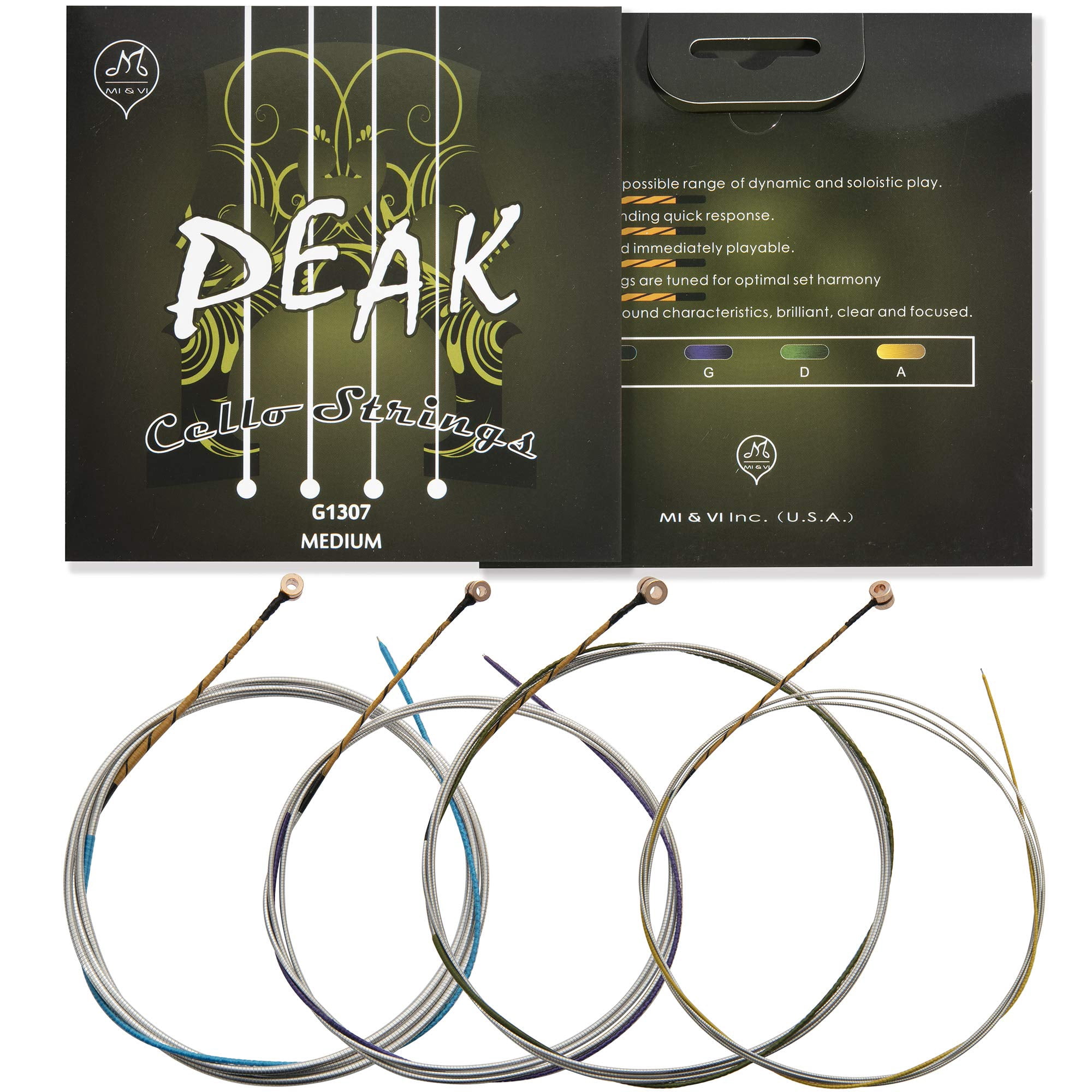 MI&VI PEAK Classic Cello Strings — 1/8 Scale Full Set (A-D-G-C) | Student Best Choice | German Steel Rope Core | Ball-Ends | Medium Gauge Tension - By MIVI Music