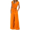 thumbnail image 2 of YHAJDS Women Summer Outfit Set 2 Piece Sleeveless V Neck Front Cropped Top Wide Leg Pants Set, 2 of 5