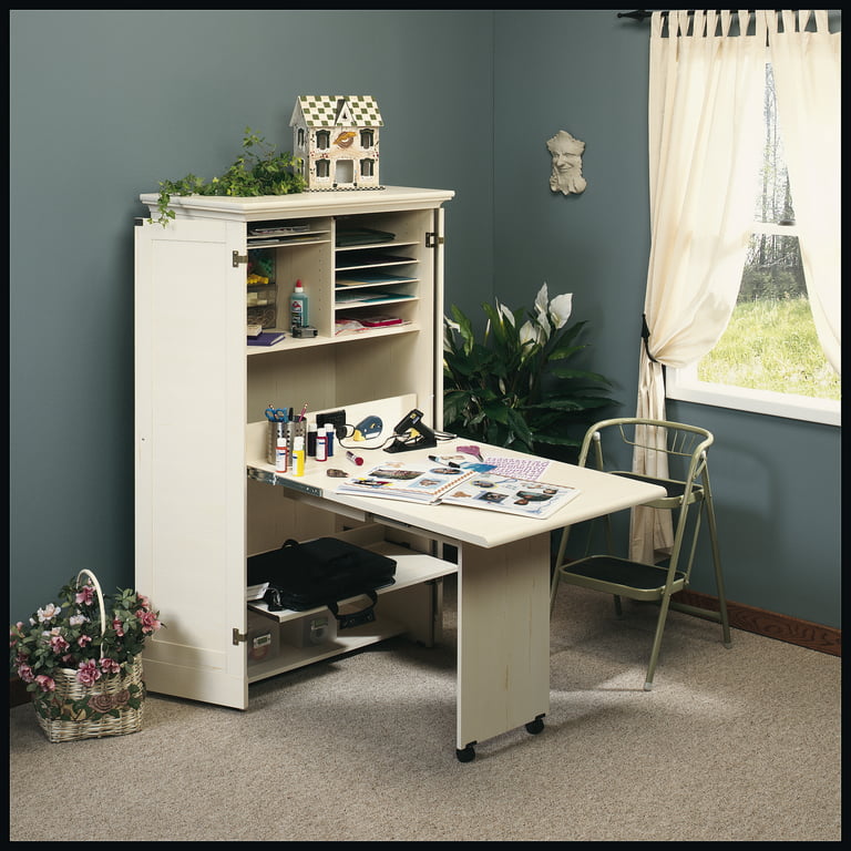Sauder Harbor View Craft and Sewing Armoire with Table, Antiqued White  Finish - Walmart.com