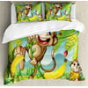 Nursery Queen Size Duvet Cover Set, Two Monkeys Near the Banana Plant Tropical Nature Landscape Vine Funny Animals Apes, Decorative 3 Piece Bedding Set with 2 Pillow Shams, Multicolor, by Ambesonne