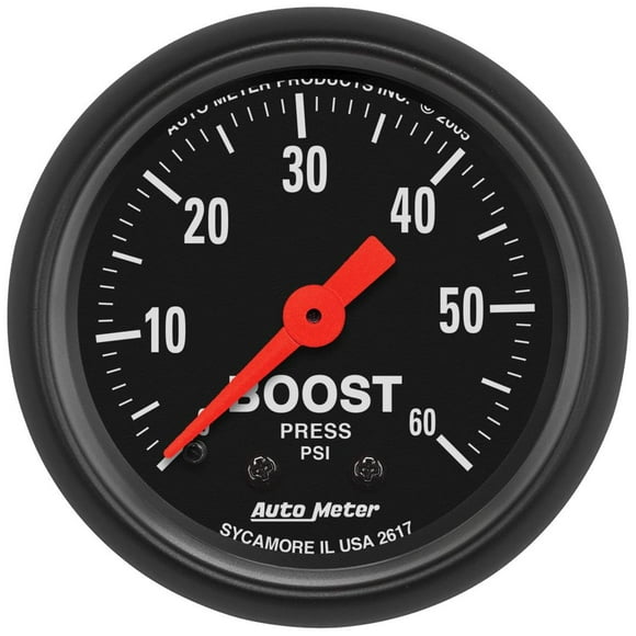 AutoMeter Gauge Boost 2617 Z-Series; 2-1/16 Inch; Full Sweep Mechanical; 0-60 PSI; Analog; Black Face/Black Bezel/Red Needle; Illuminated