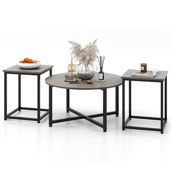Gymax Round Nesting Coffee Table Set with 2 End Tables, Gray/Black