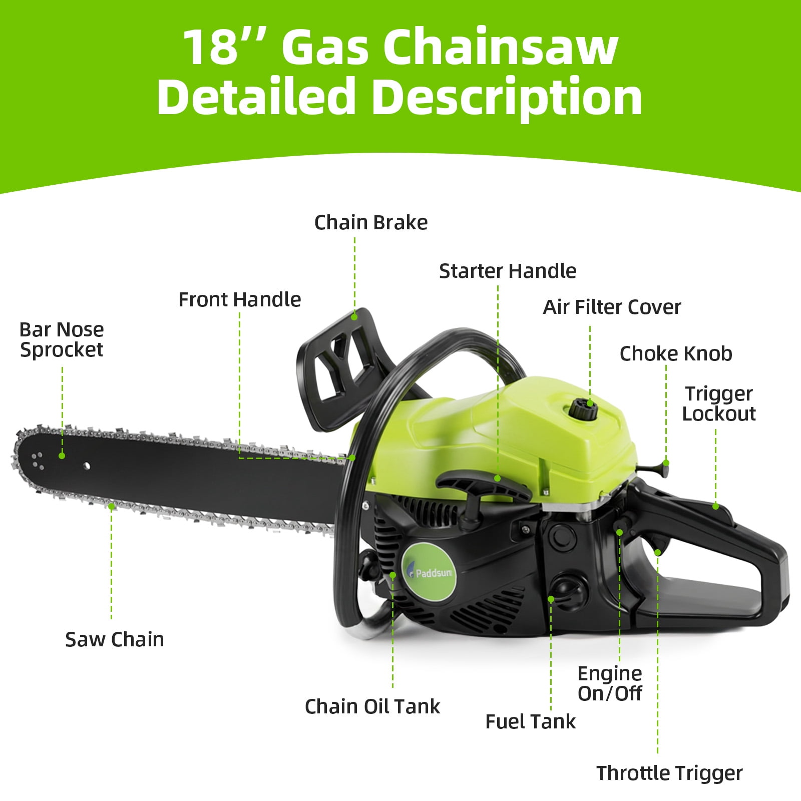 Paddsun 58CC Gas Chainsaw, 18 in Bars Automatic Chain Oiler Quick Start Gasoline Chain Saws for Wood Cutting Chainsaw