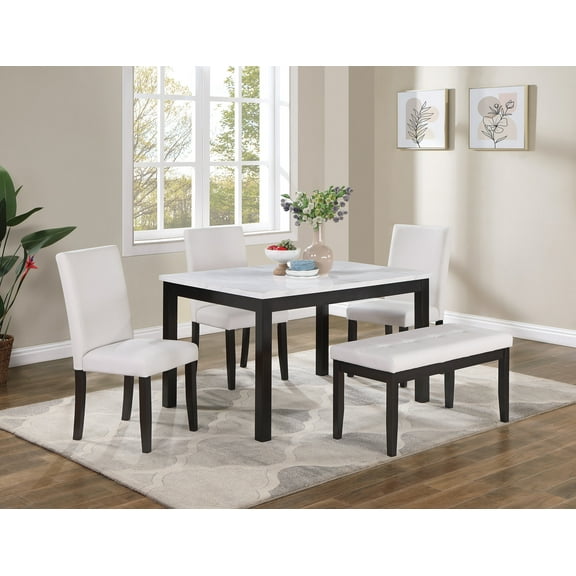LiviNest 5 Piece Dining Set with Chairs - Modern Kitchen Table Set with Bench for Small Spaces & Home Office Use - Compact Rectangular Design with Faux Marble Top & Upholstered Seating