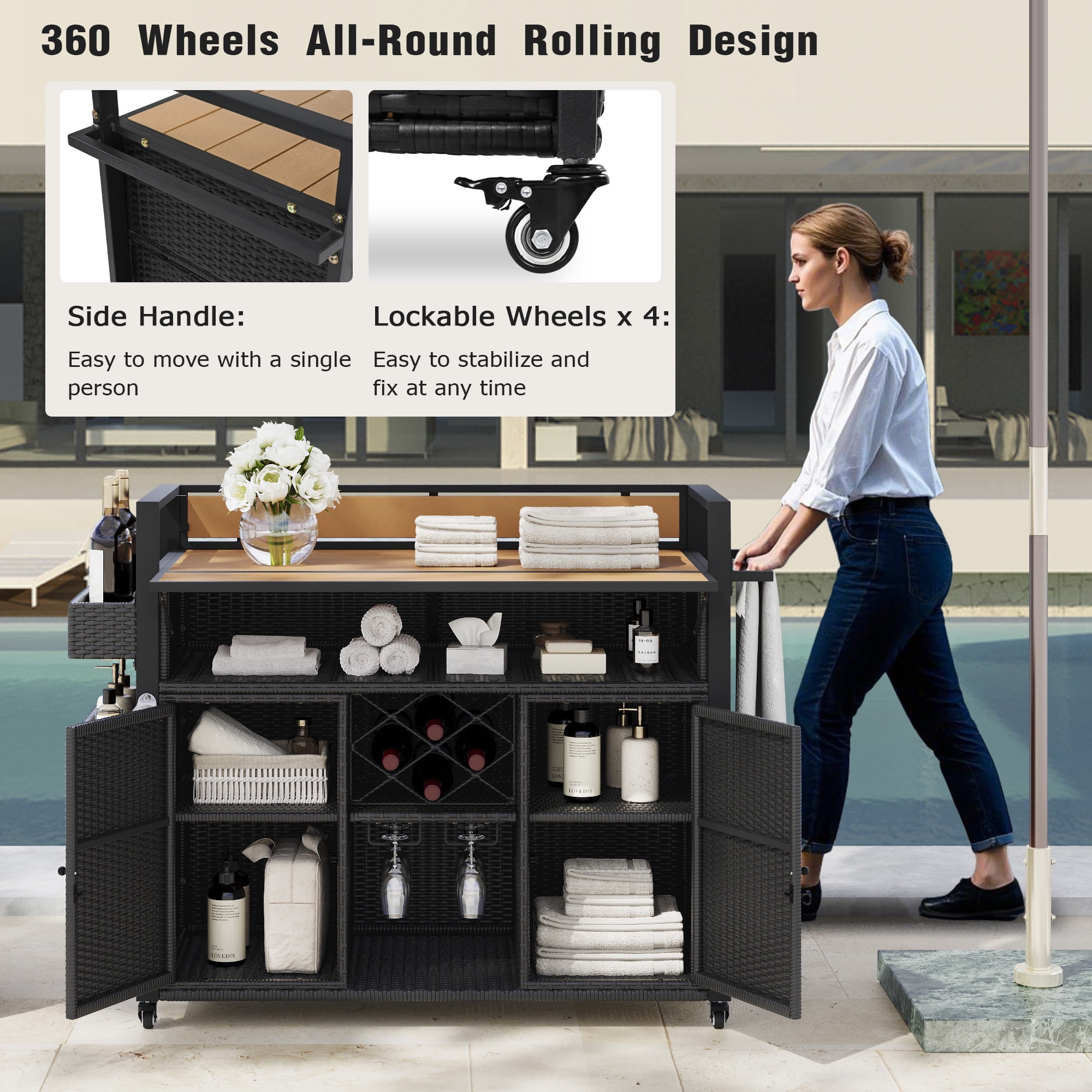 Outdoor Grill Cart 52.8 Inch W, Wicker Structure with Extended Plastic Wood Table Top for Patio Backyard, Black Brown