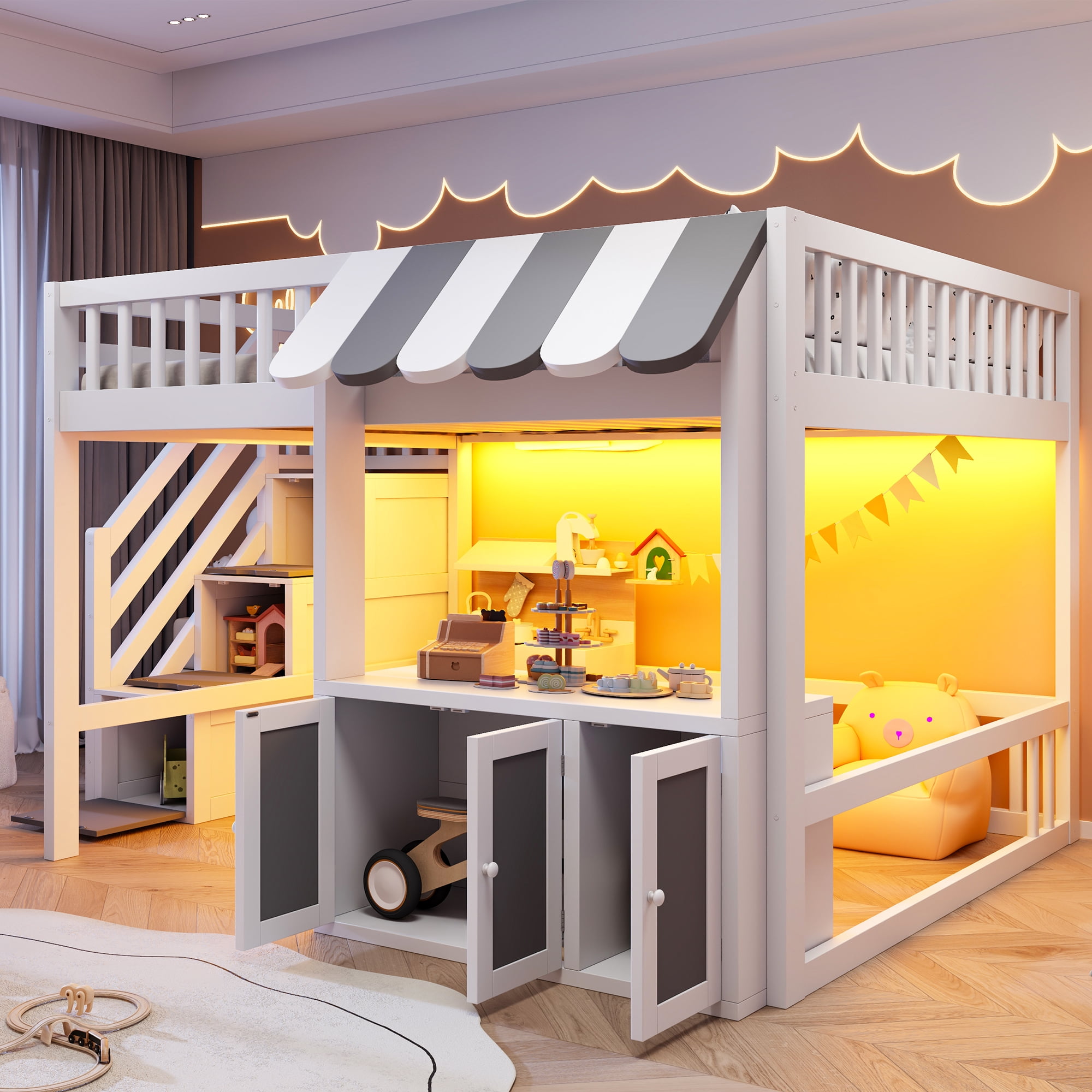 Mintazer Full Size Loft Bed with Play Storefront & LED Lights, Kids Loft Bed with Guardrail and Storage Staircase & Cabinet for Bedroom, White & Gray