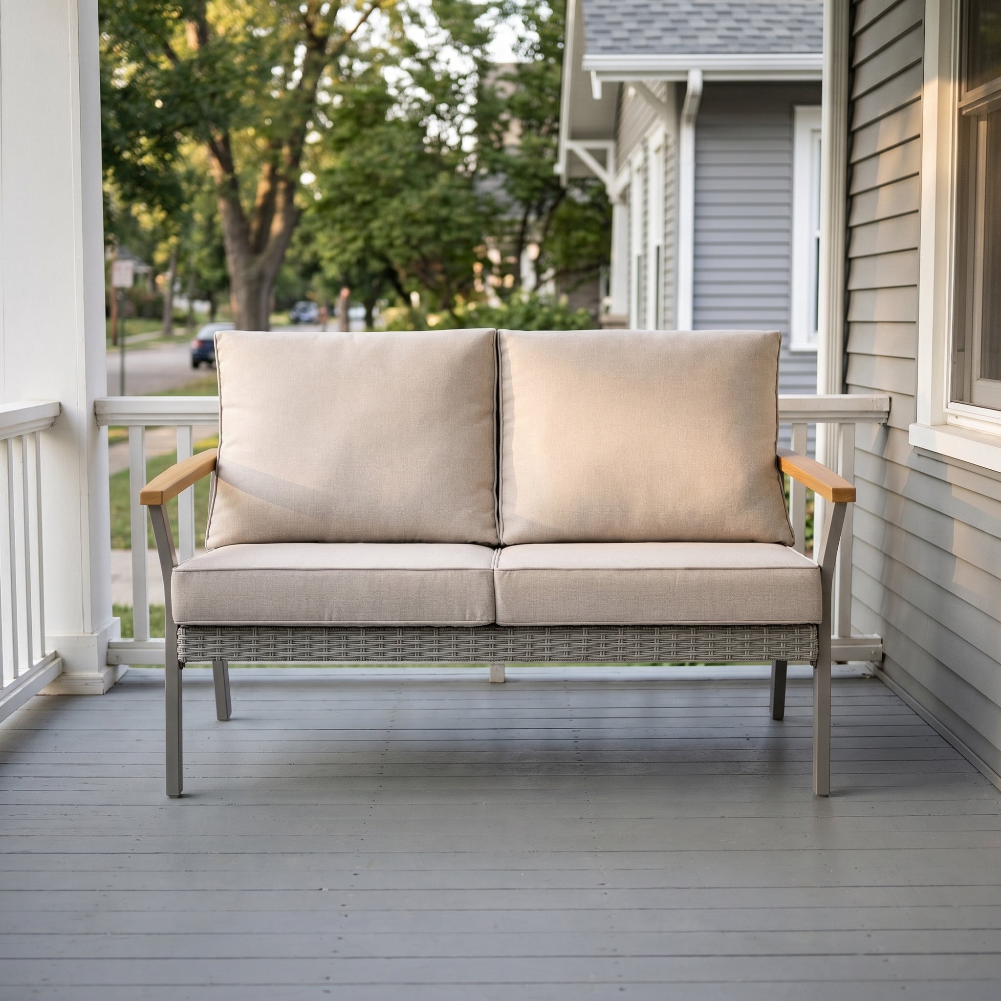 Nordic Hygge 2-Seat Modern Minimalist Patio Sofa with Weather-Resistant Cushions – Powder-Coated Rust-Proof Frame – Gray