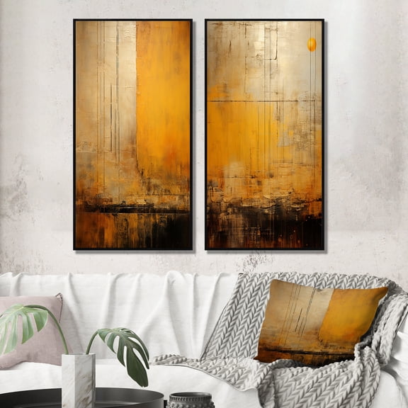 Designart "Rustic Moonlit Memories" Modern Geometric Framed Wall Art Set Of 2 - Modern Gold Gallery Wall Frame Set For Home Decor