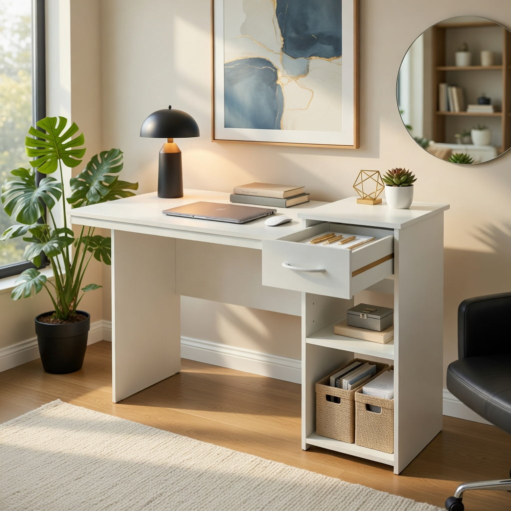 Spaco Computer Desk with Drawer Modern Laptop PC Desk with Adjustable Shelf and Cable Hole-White, Office Desk, Gaming Computer Desks for Study,Working,Writing