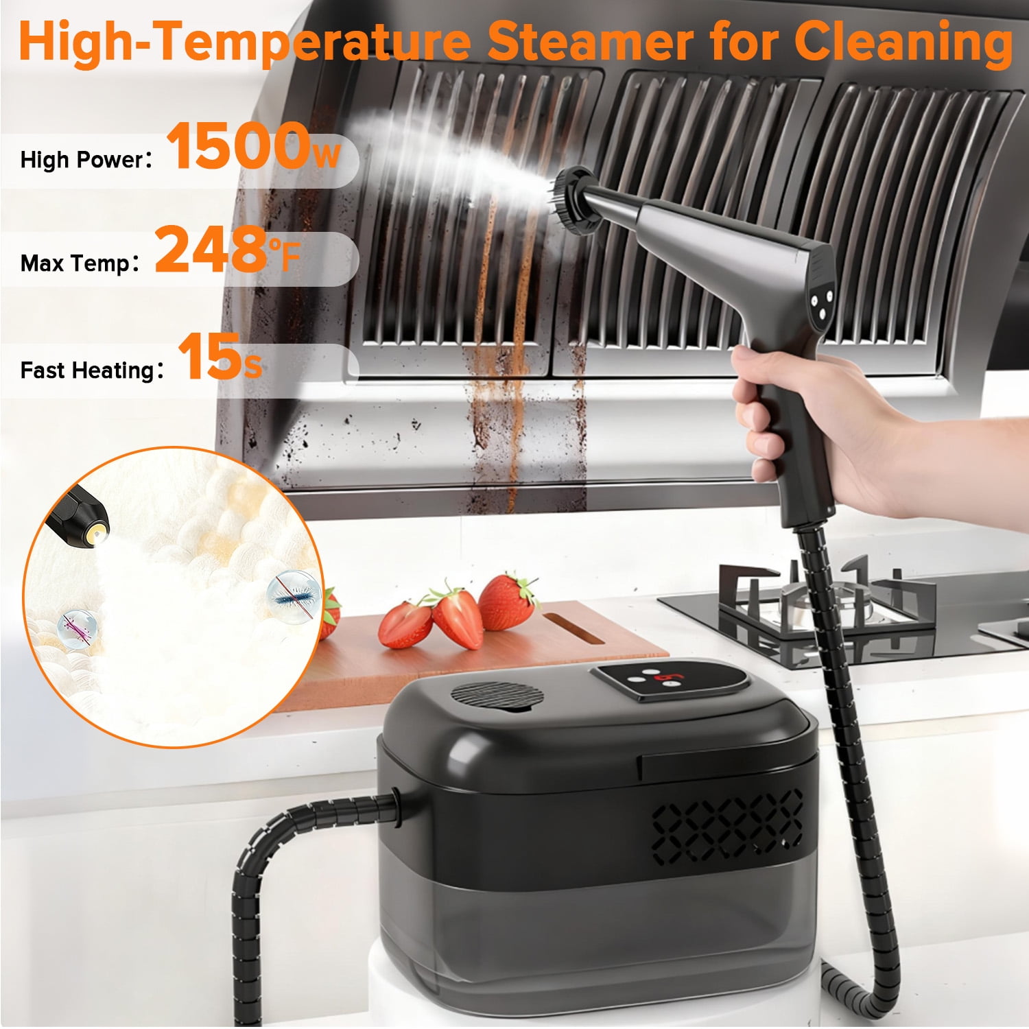 Yucurem 1500W Portable Handheld Steam Cleaner, 6-Level Adjustable 1.4L Tank with 10 Accessories for Home Furniture Car Carpet Tile