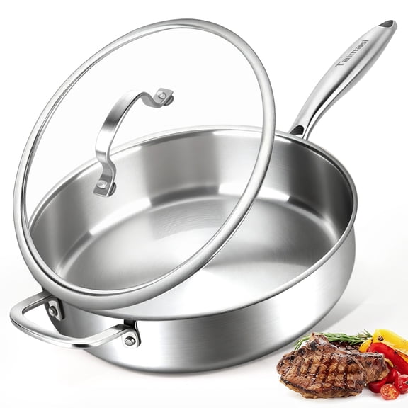 Tri-Ply Stainless Steel Frying Pan, TAIMASI 12 Inch Stainless Steel Skillet with Lid & Handle, 6 Quart Saute Pan Compatible with All Cooktops, Dishwasher and Oven Safe Cookware