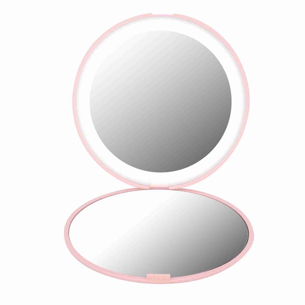 Espejo de maquillaje portátil plegable con aumento de 10X y 12 LED (rosa)