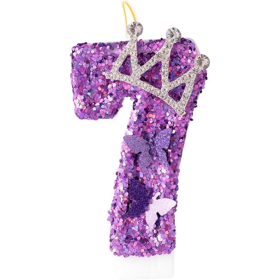 Birthday Number Candles, Crown Butterfly Birthday Candles Purple Cake Topper with Sequins Party Decorations for Anniversary Celebrations Supplies (7)